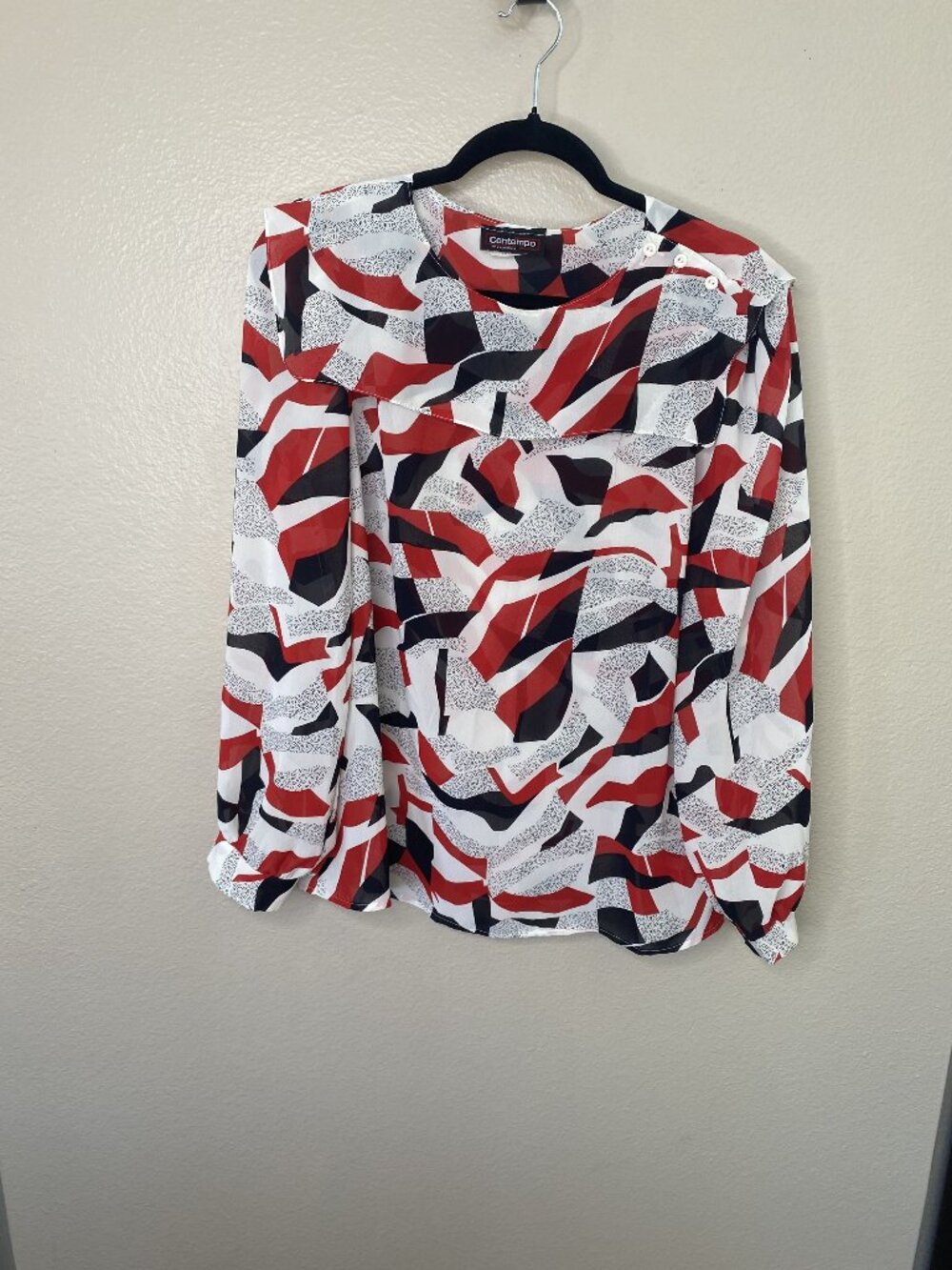 Contempo Womens Abstract Print Long Sleeve Blouse 14 Red/Black/White Polyester